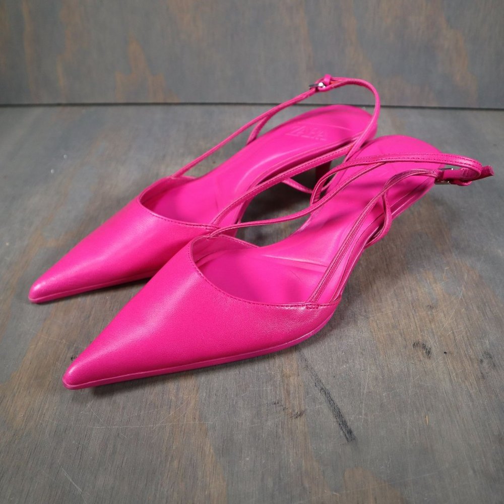 Zara Hot Pink Strappy Pointed Toe Heels Adjustable Bright Women's Size 38 7.5
